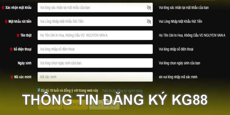 Điền thông tin khi đăng ký KG88